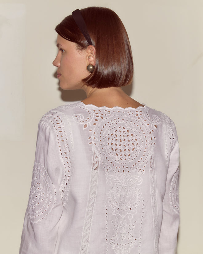 A woman with short brown hair in a headband, seen from the back wearing the Belvoir Top, a white broderie anglaise blouse inspired by 1890s bed jackets.