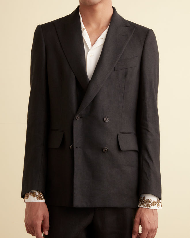 Linen Double-Breasted Suit Jacket - Black