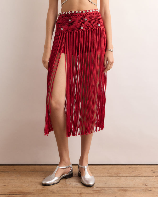 Wearing the Calder Fanni Fringe Skirt with silver embellishments and silver shoes on a wooden floor, this look echoes the playful spirit of Alexander Calder’s Circus at the Whitney Museum of American Art.