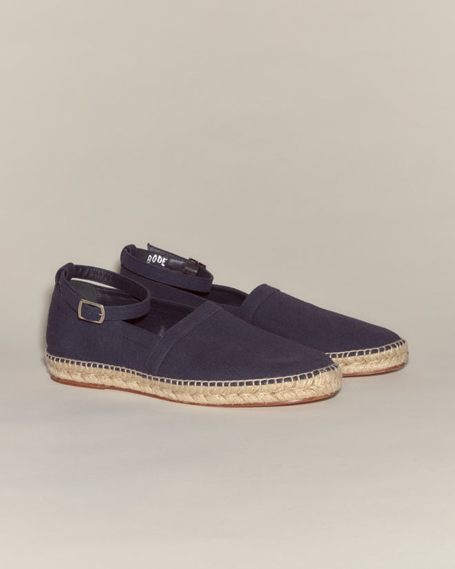 Canvas Slip-On Espadrilles - Navy: Vintage-style espadrilles with ankle straps and woven jute soles, crafted from organic cotton, featured against a neutral background.