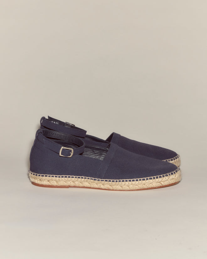 Canvas Slip-On Espadrilles - Navy, featuring a vintage look and jute sole, are displayed side by side on a neutral background.