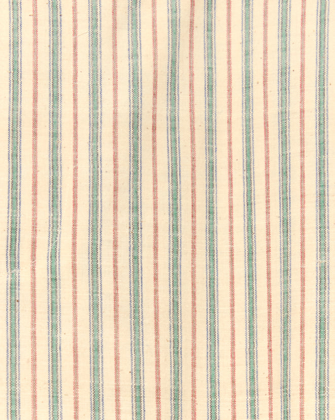 Chart Stripe Trousers - 36: Unique pants crafted from vintage Chinese fabric in beige, featuring regularly spaced vertical blue and red stripes.
