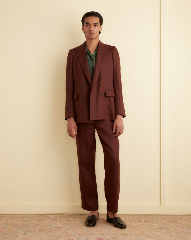 Linen Double-Breasted Suit Jacket - Chocolate OUTERWEAR BODE New York