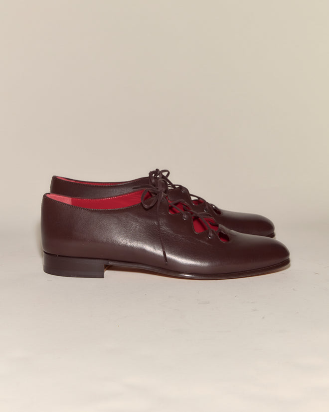 The County Clare Shoes - Brown are Italian leather shoes with cutout details, red inner lining, and a classic lace-up style, shown on a plain background.