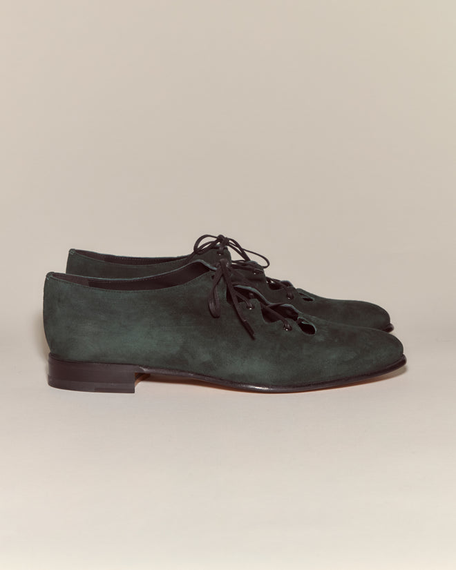 Suede County Clare Shoes - Green, low-heeled lace-ups made in Italy, shown side by side on a light background.