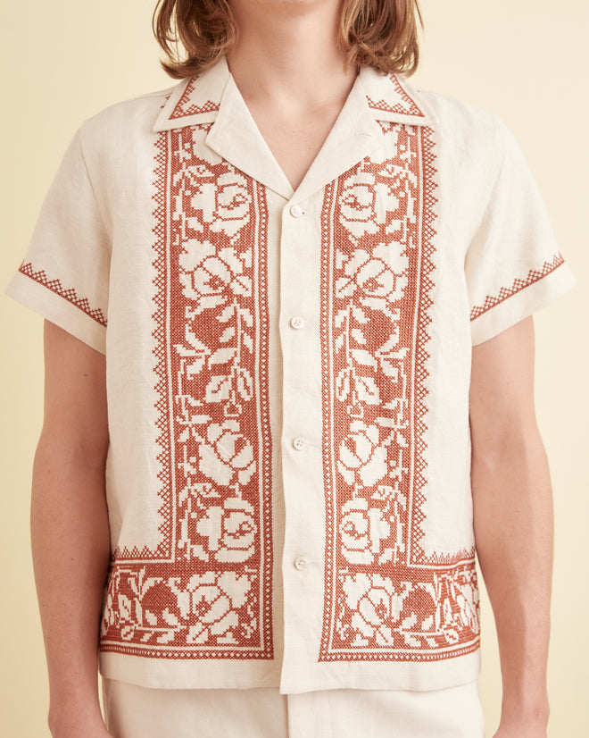 Cross-Stitched Rose Garland Short Sleeve Shirt