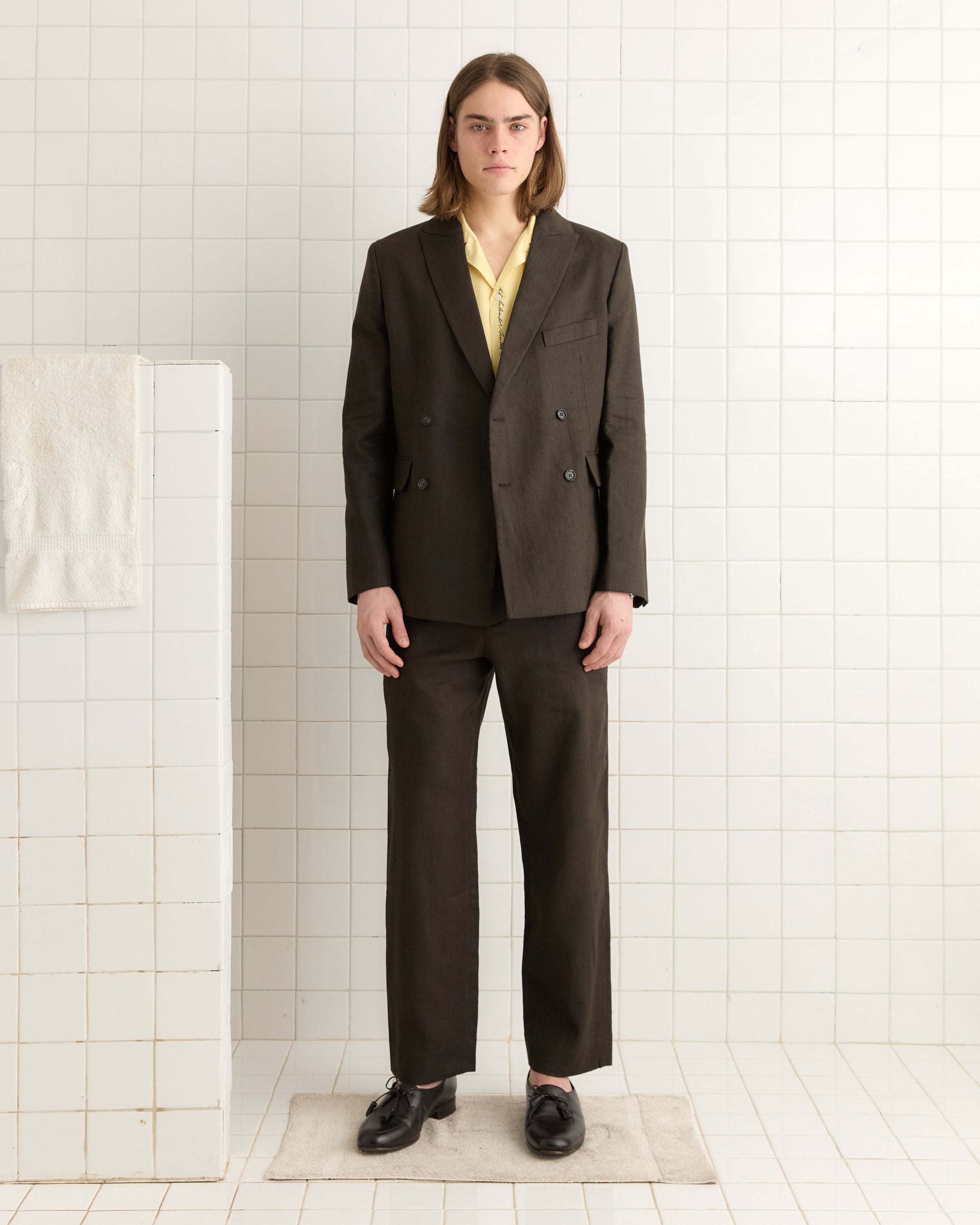 Lightweight Linen Double-Breasted Suit Jacket - Brown/Black Lightweight Linen Double-Breasted Suit Jacket - Brown/Black