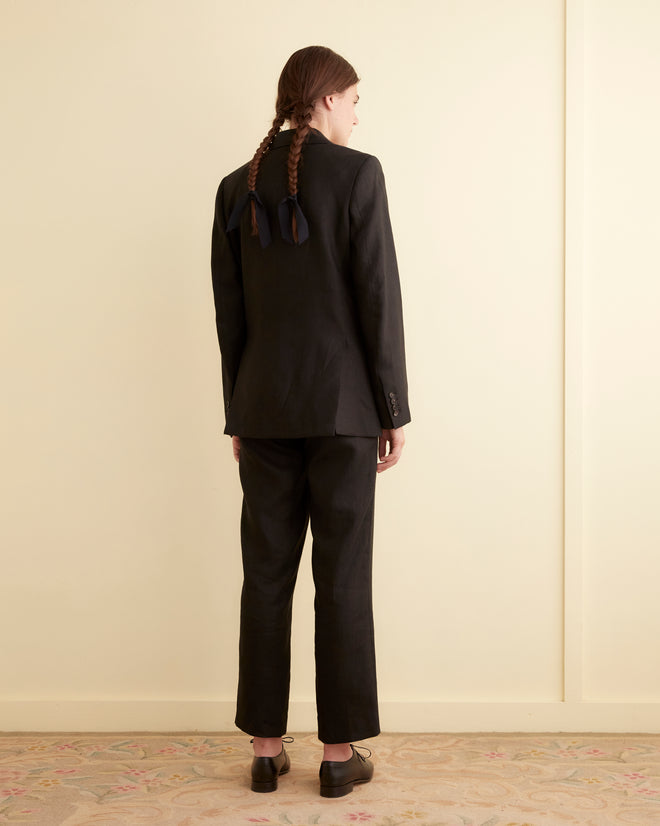 Linen Double-Breasted Suit Jacket - Black