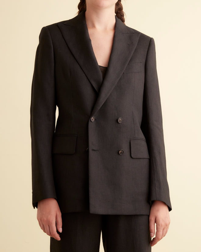 Linen Double-Breasted Suit Jacket - Black