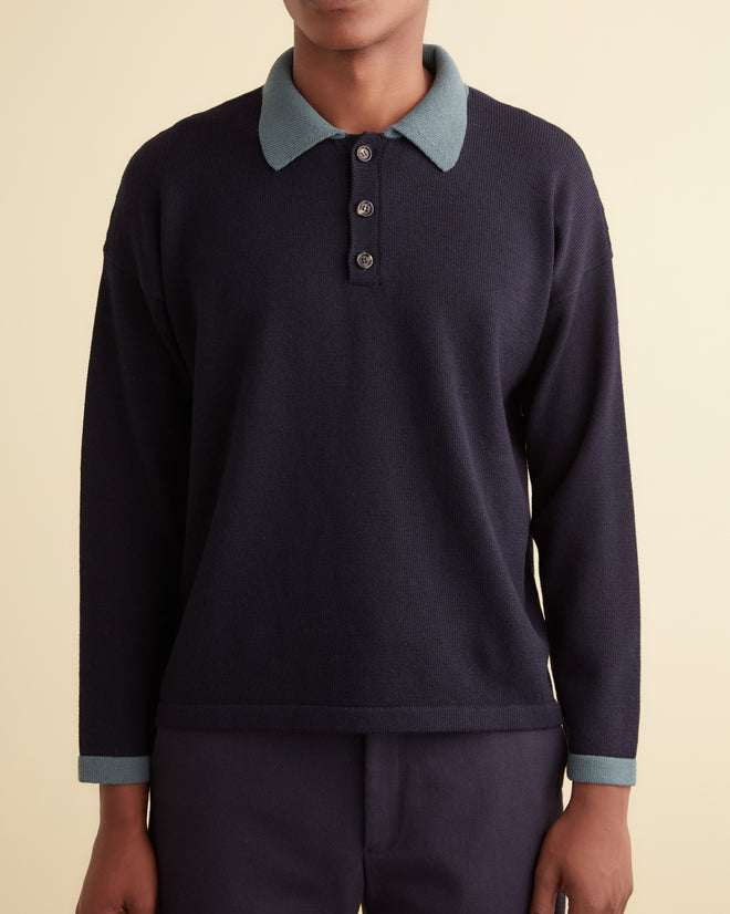 Duotone Crepe Polo - Navy KNITWEAR BODE New York
