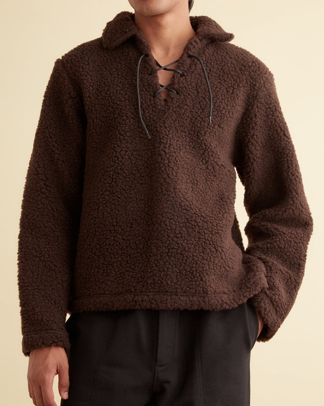 Fleece Tie-Up Pullover - Dark Brown