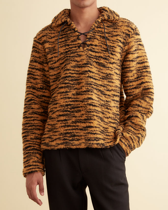 Fleece Tie-Up Pullover - Orange/Black