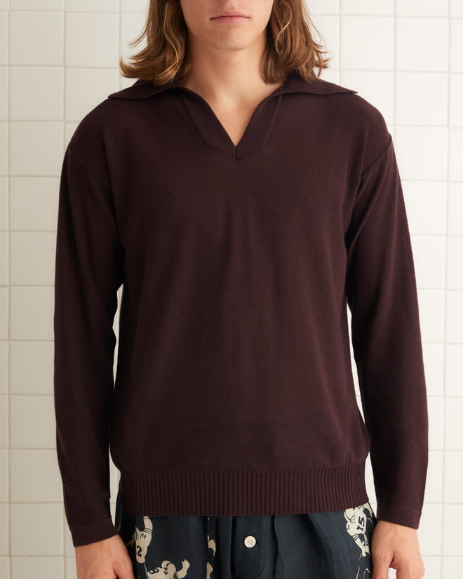 Boxy Long Sleeve Polo - Brown/Black MENS KNIT TOPS BODE New York