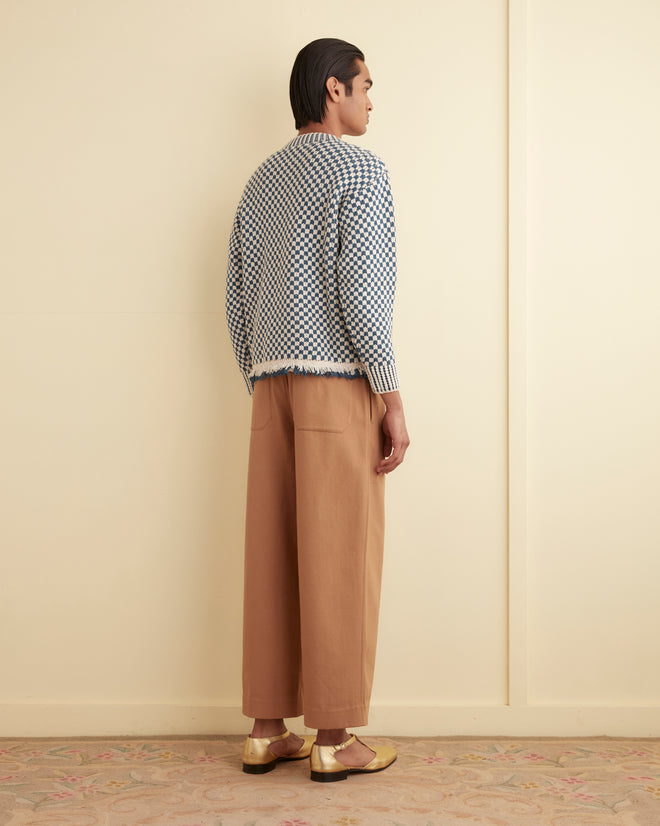 Fringe Check Pullover - Blue