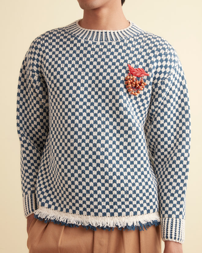 Fringe Check Pullover - Blue