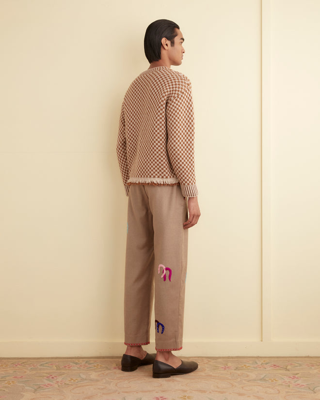 Fringe Check Pullover - Brown