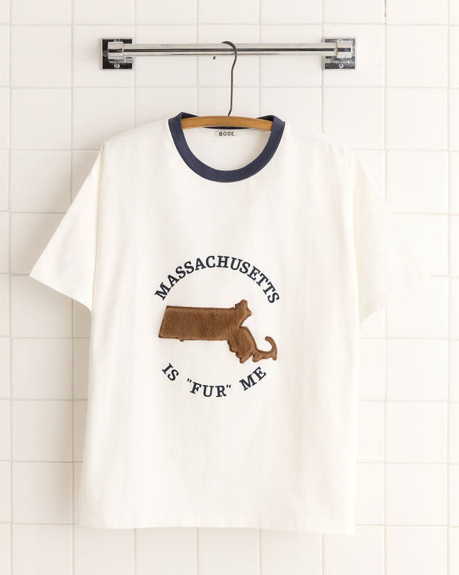 White Fur Me Tee with a brown silhouette of Massachusetts and the phrase