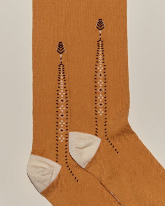 Geo Diamond Sock: Mustard cotton socks with white toes and black-and-white vertical geometric diamonds—a stylish and comfortable choice for fans of geometric pattern socks.