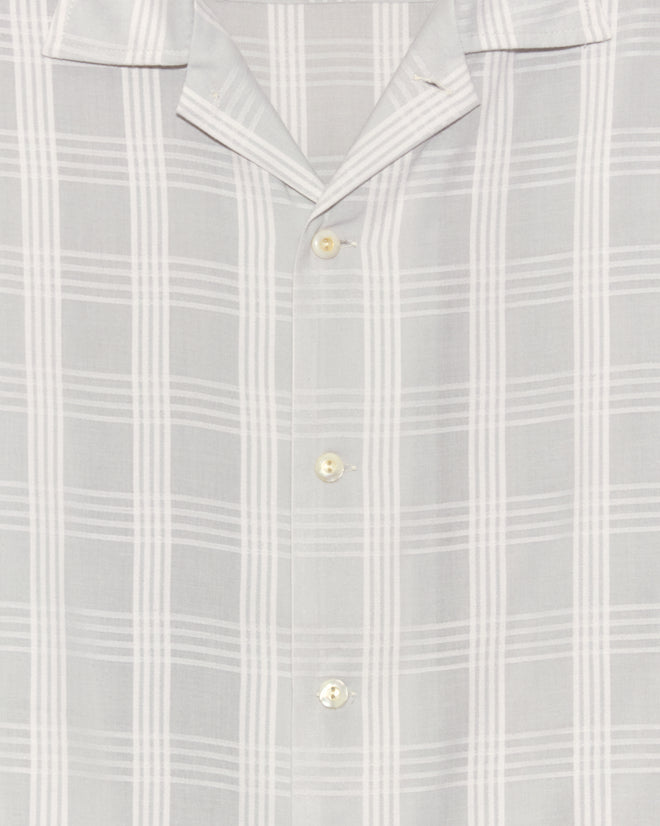 Close-up of the Grayscale Long Sleeve Shirt - L/XL, made from deadstock fabric with a subtle light gray and white plaid, finished with antique pearl buttons.