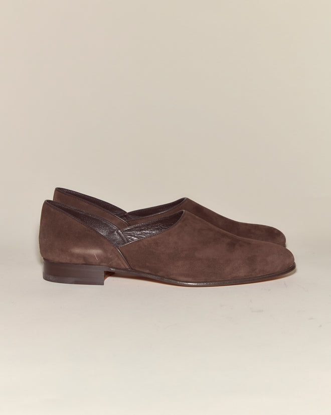 Suede House Shoes - Brown: Italian brown suede slip-on dress shoes featuring low heels and a leather sole, shown on a plain background.