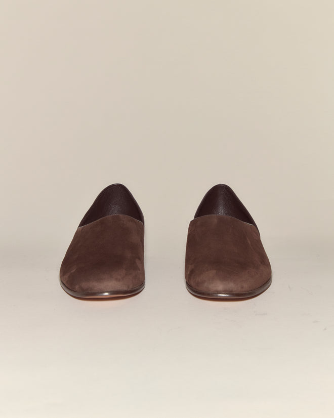 Suede House Shoes - Brown: a pair of brown Italian suede shoes with leather soles, shown on a neutral background.