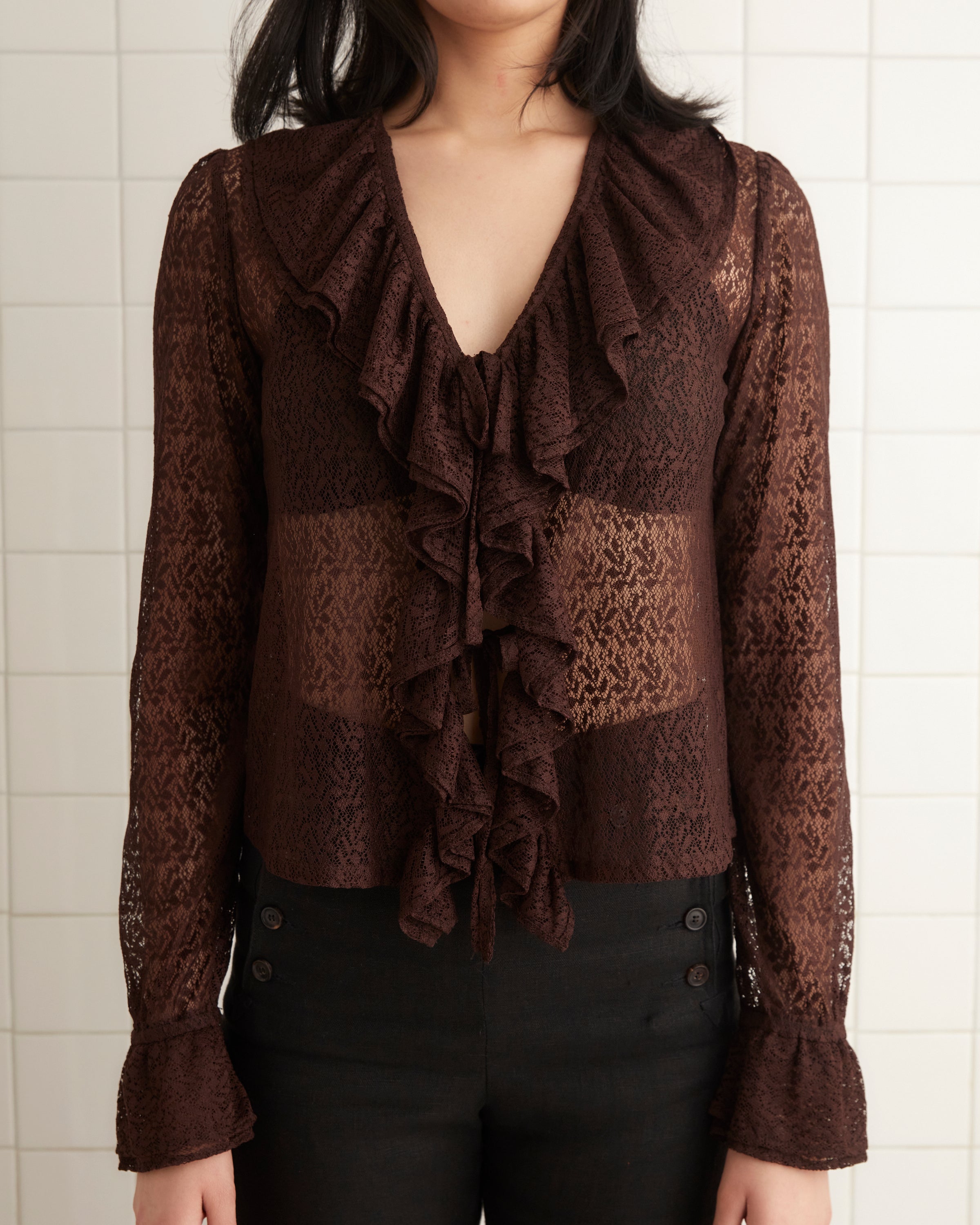 Lace Flounce Blouse - Brown/Black – BODE
