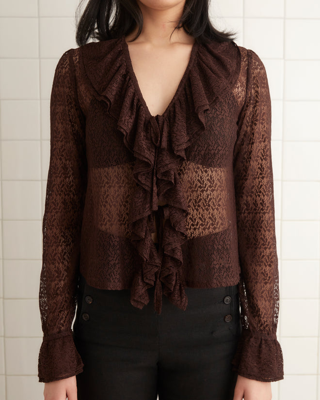 Lace Flounce Blouse - Brown/Black WOMENS TOPS BODE New York