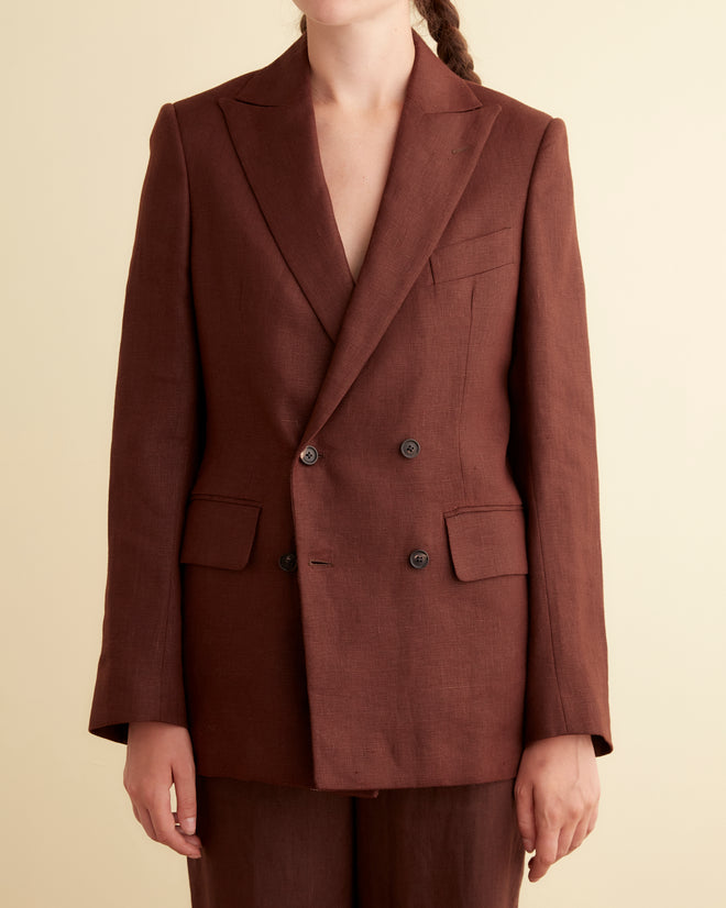 Linen Double-Breasted Suit Jacket - Chocolate