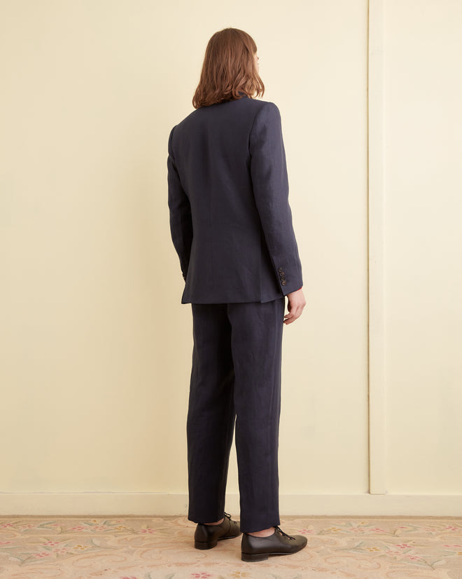 Linen Double-Breasted Suit Jacket - Navy