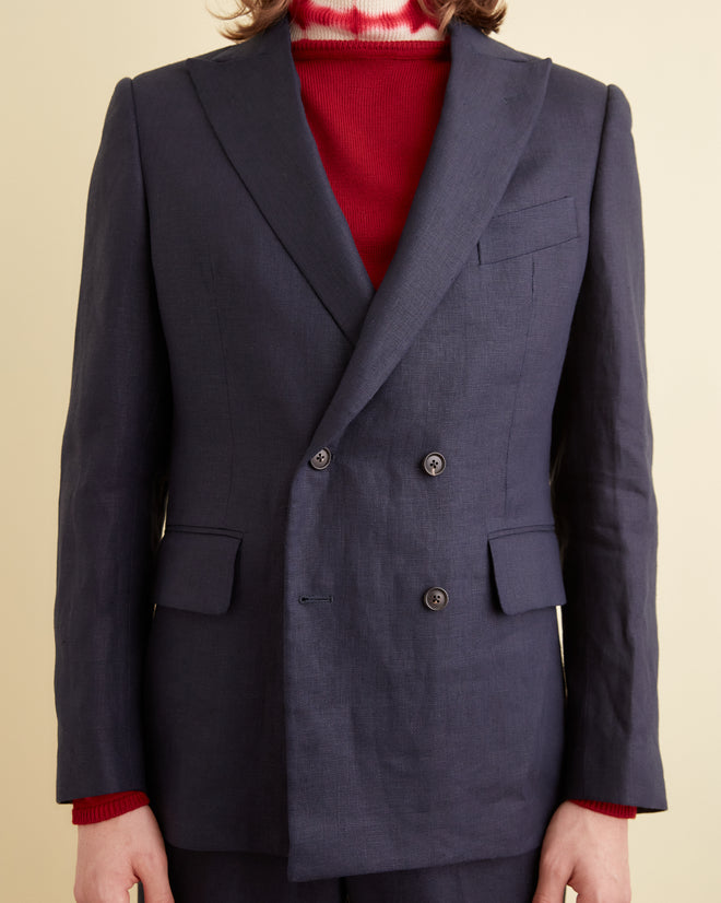 Linen Double-Breasted Suit Jacket - Navy