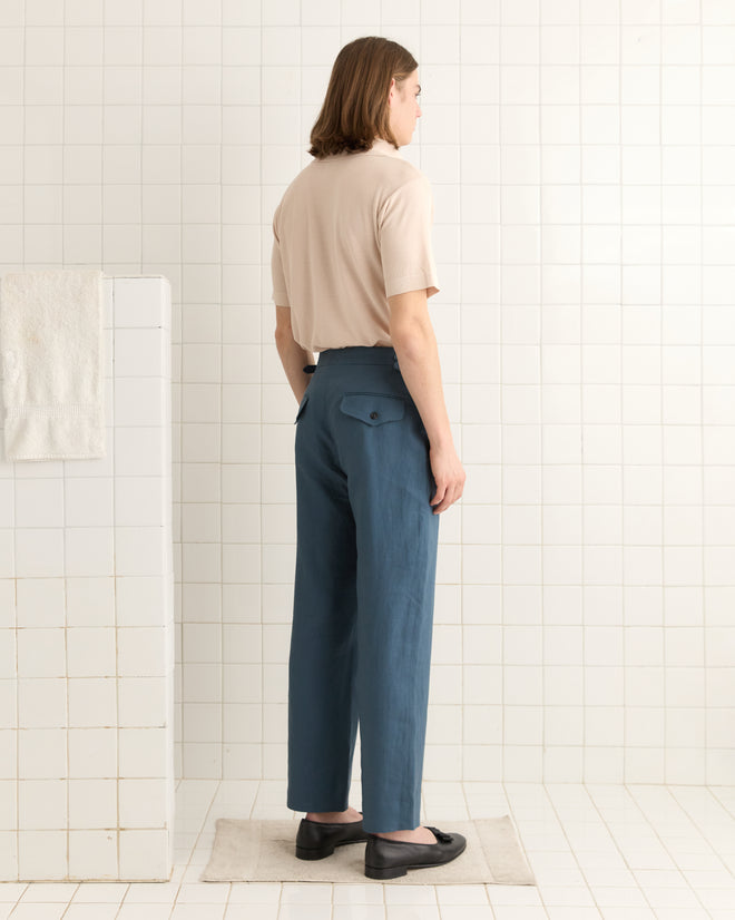 Lightweight Linen Side-Buckle Trousers - Teal MENS TROUSERS BODE New York