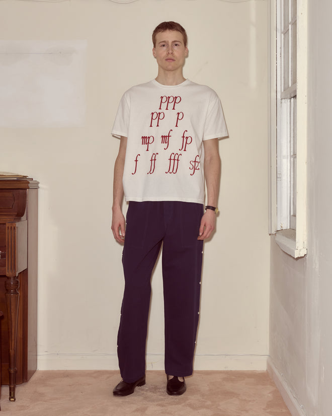 A man stands indoors, facing the camera, wearing the Composer Tee—a white shirt with red music theory text—and dark pants.