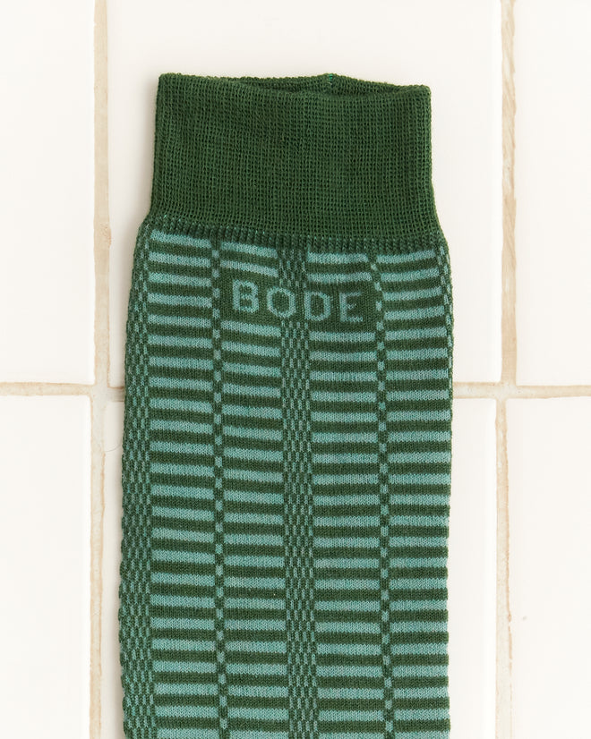 Micro Check Socks - Green feature a green and teal striped design with
