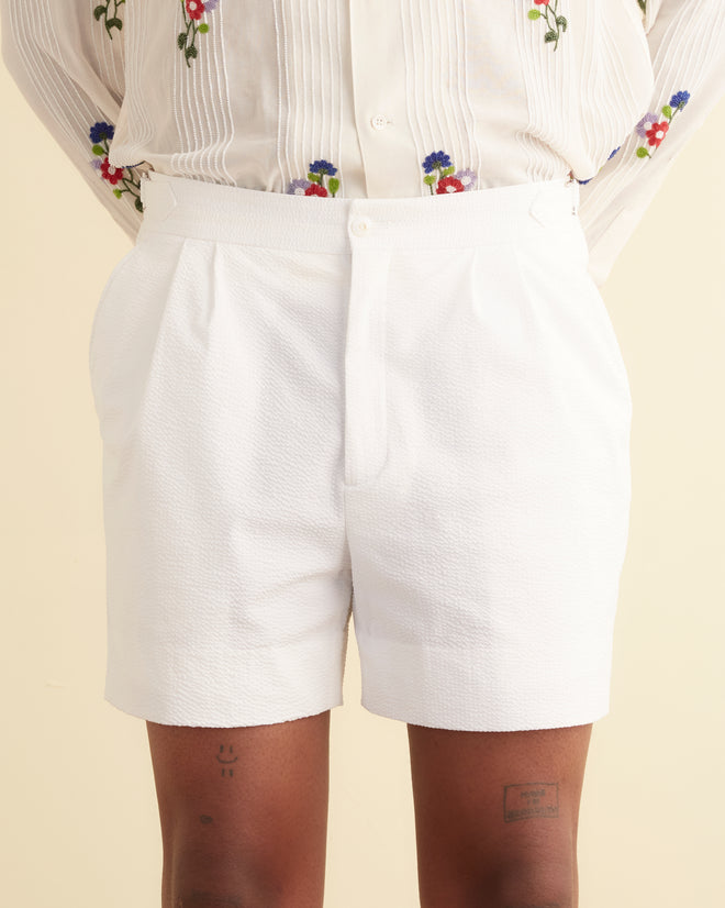 Seersucker Double-Button Pleated Shorts