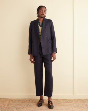 Linen Double-Breasted Suit Jacket - Navy