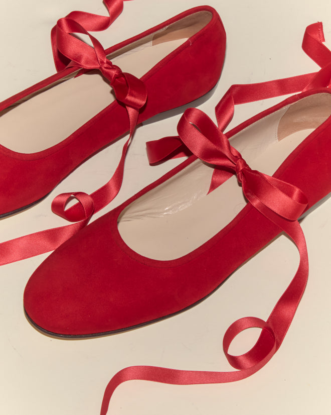 Musette Flats - Chili: vintage red ballet flats featuring matching satin ribbon ties, displayed on a light background.