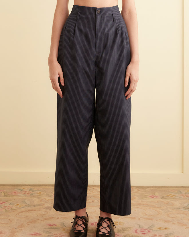 Navy Pinstripe Trousers - 26 OOAK TROUSERS BODE New York