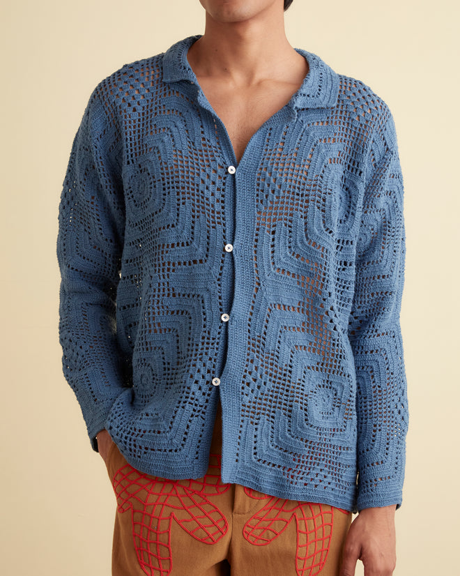 Overdye Crochet Shirt - Petrol KNITWEAR BODE New York