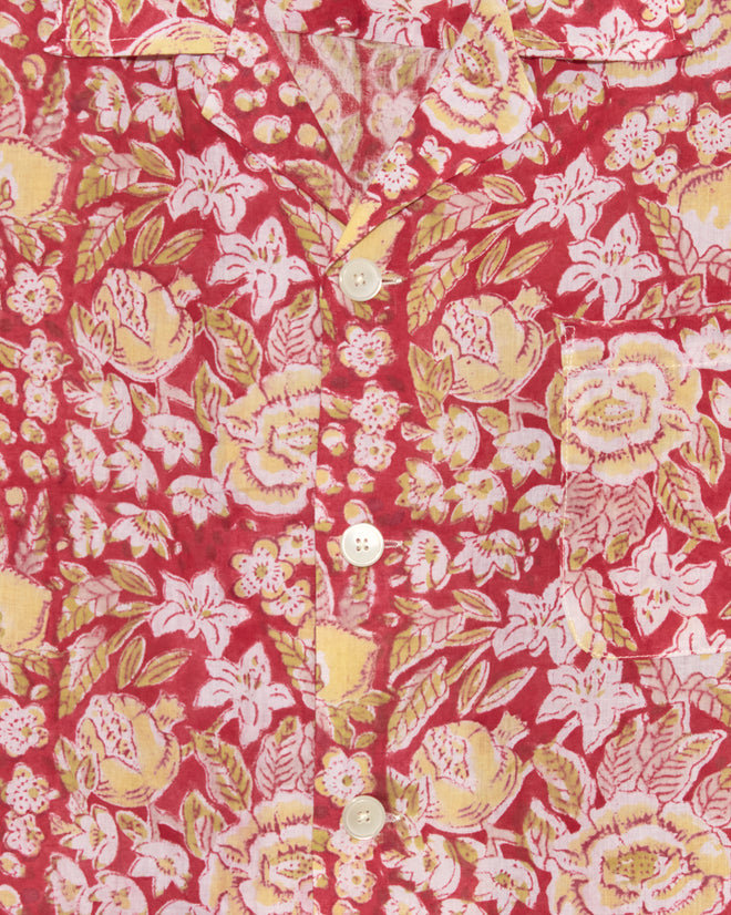Close-up of the Pomegranate Leaf Short Sleeve Shirt (M/L), showcasing its red floral pattern, white buttons, and chest pocket.