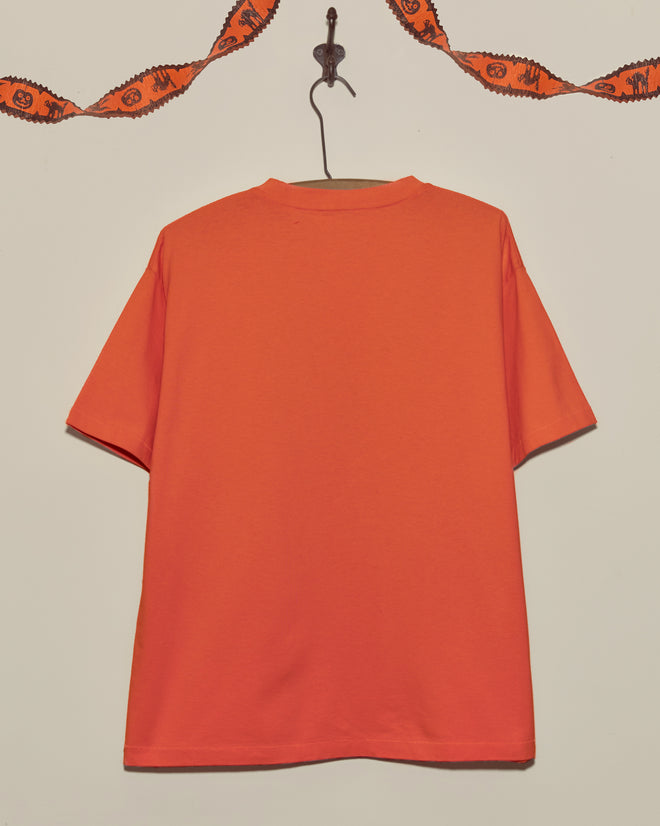 The Pumpkin Tee, an orange vintage Halloween shirt, hangs on a hanger with a festive Halloween-themed garland above it.