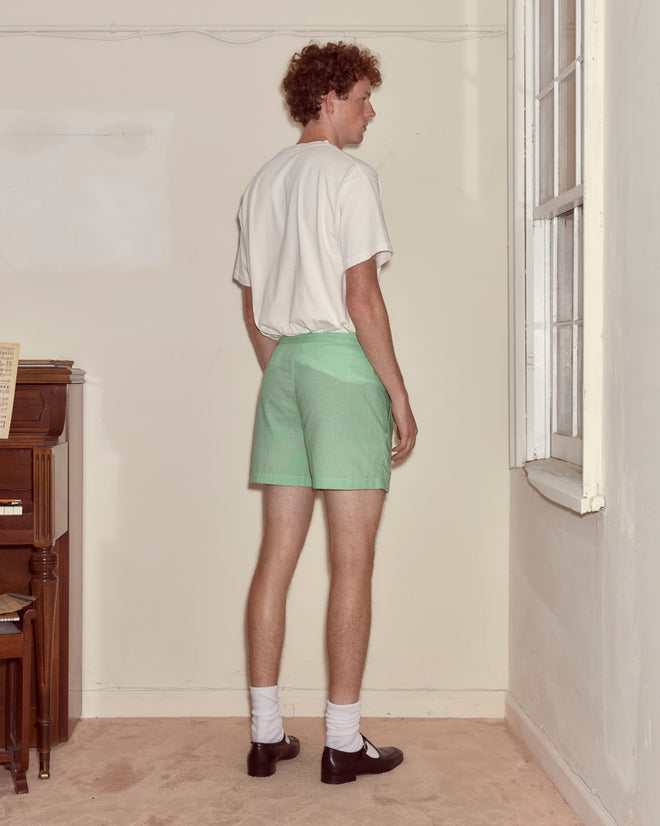 A man in a white shirt and See You at the Barn Boxers stands by a window, facing away in a sparsely furnished room.