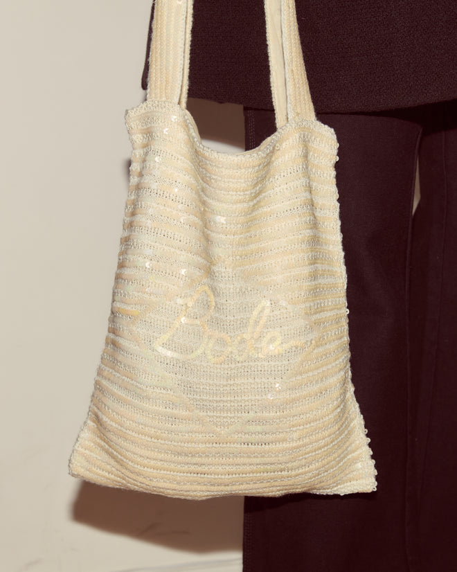 Cream sequined knit tote with