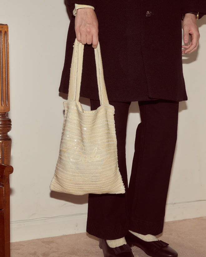 Cream sequined knit tote with