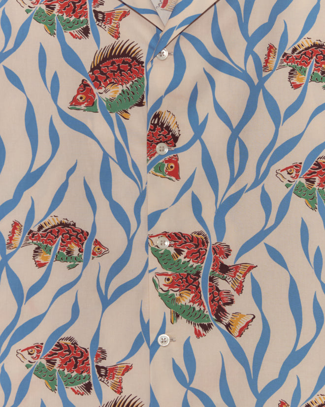 The Swimmers Long Sleeve Shirt showcases a midcentury-inspired print with colorful fish and blue seaweed on a beige background, finished with visible buttons.