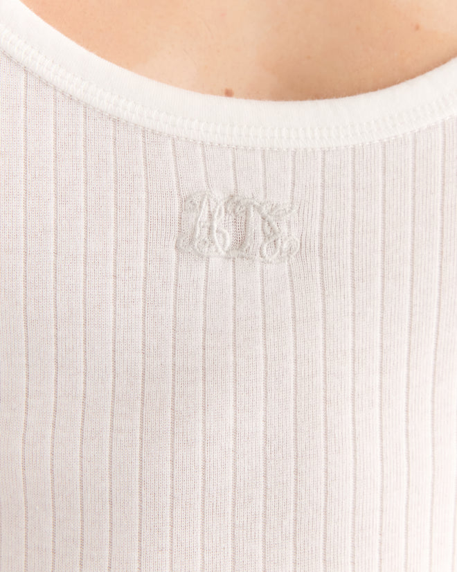Close-up of a person wearing the Undersuit, featuring a ribbed white fabric and subtle embroidery near the neckline, reminiscent of classic long underwear.