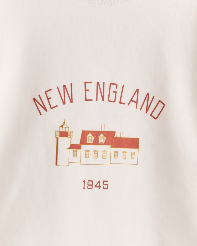 The New England Crewneck - White features a boxy cream fit, red