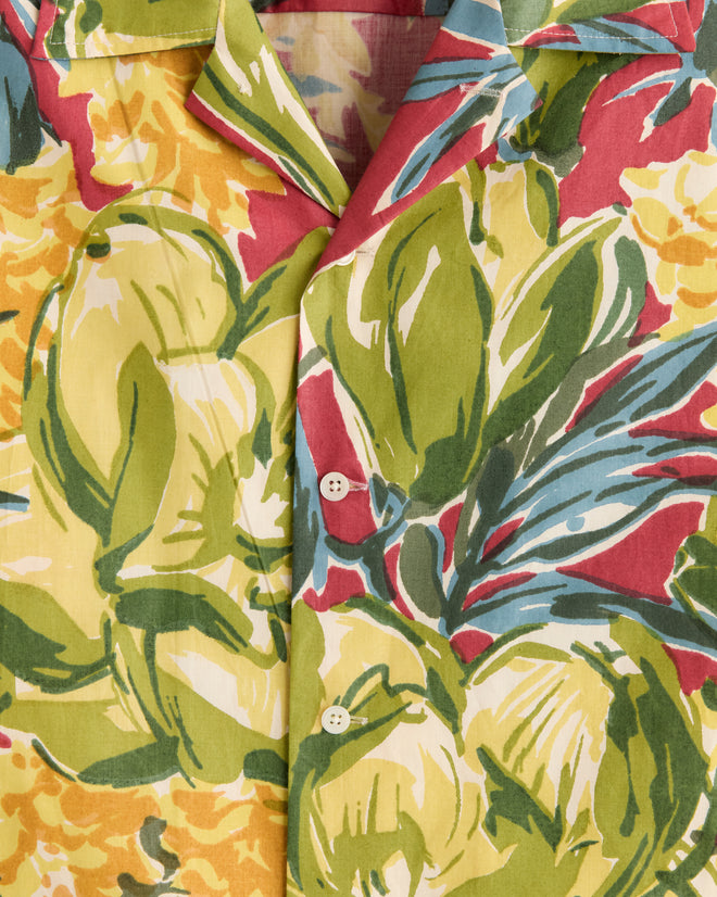 Close-up of the Watercolor Foliage Long Sleeve Shirt - L, showcasing its unique oversized botanical print in green, yellow, and red leafy designs with white buttons.