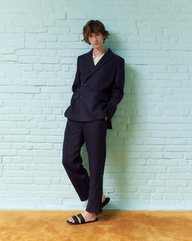 Linen Double-Breasted Suit Jacket - Midnight MENS SUIT JACKETS BODE New York