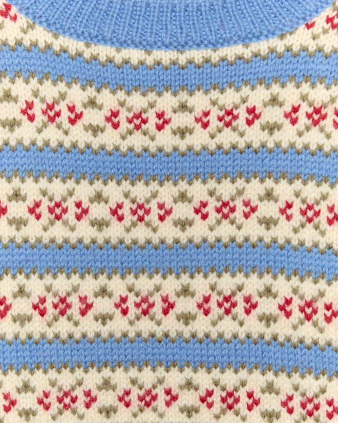Close-up of the Wedgewood Sweater—a vintage knitwear piece featuring blue, cream, red, and olive Fair Isle patterns.