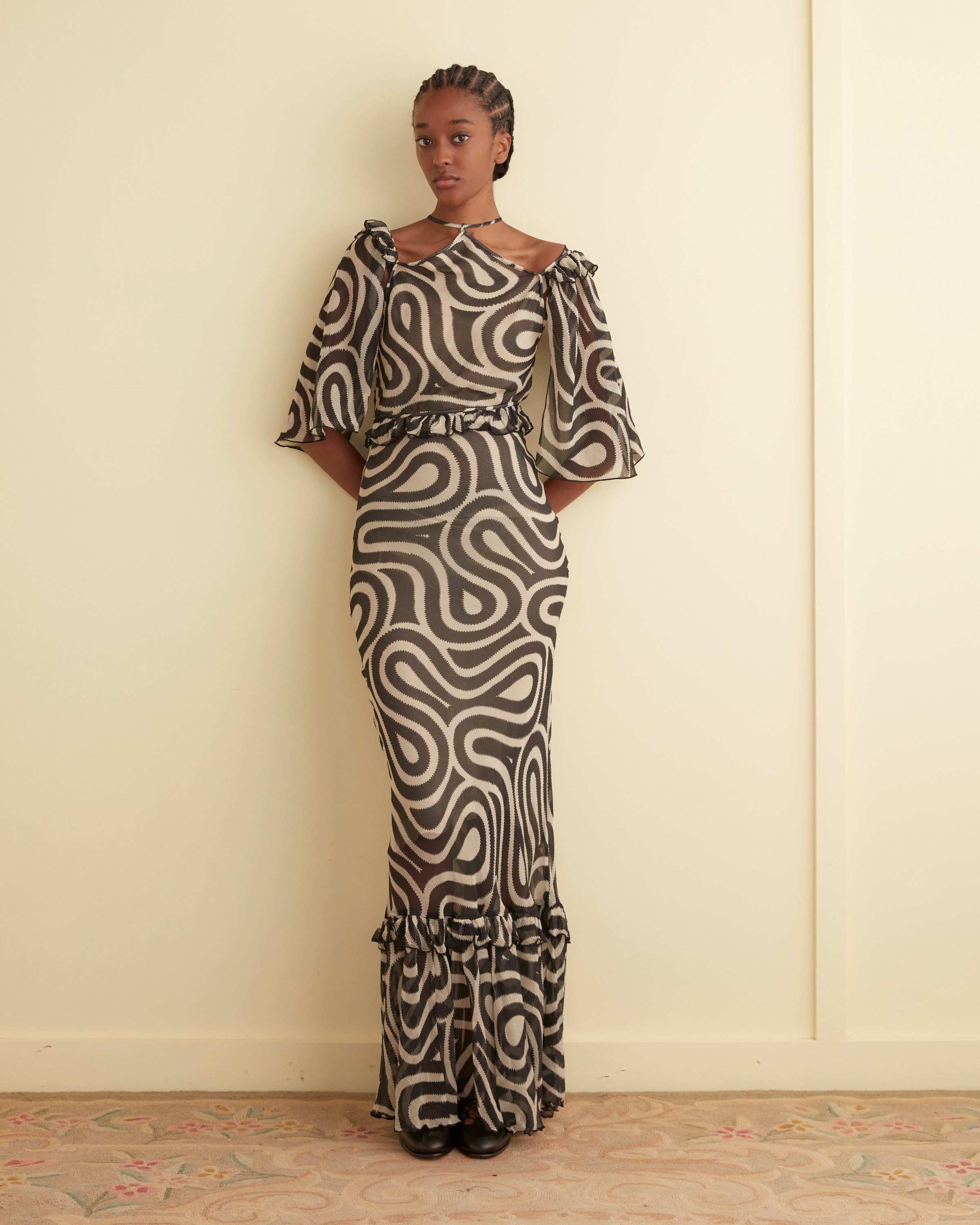 Bode Black & Off-White Comber Maxi Dress Bode Black & Off-White Comber Maxi Dress
